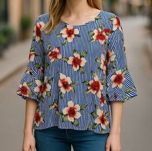 Faith and Joy Top Size Large Blue Floral Striped Lightweight Bell Sleeve.  New
